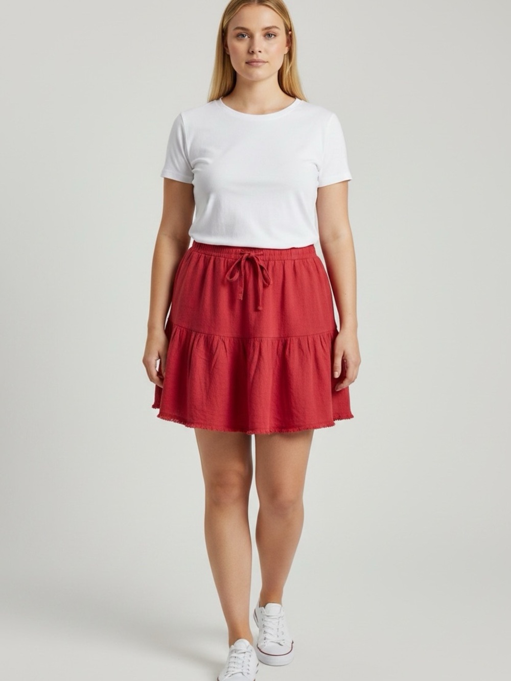 Umgee Plus Size Red Tiered Drawstring Mini Skirt Linen Blend Frayed Hem NWT